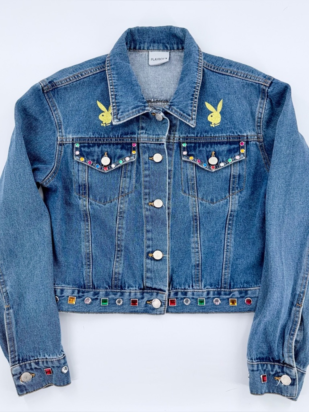 Playboy Bunny Rare Y2K Womans Denim Jacket Cropped Studded Rhinestone Medium